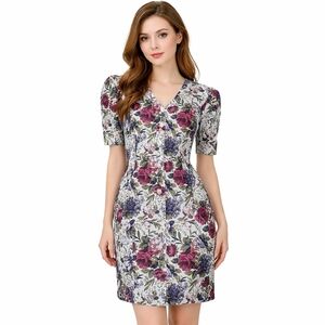 Vintage Rose Floral White Button Front Coquette Mini Dress Size XS